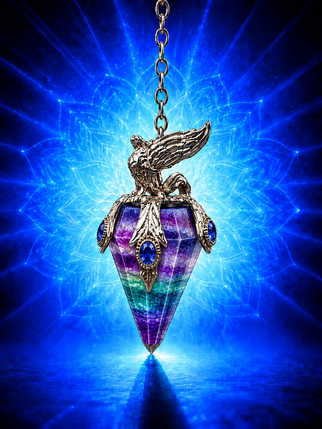 Pendule fluorite aux saphirs bleus