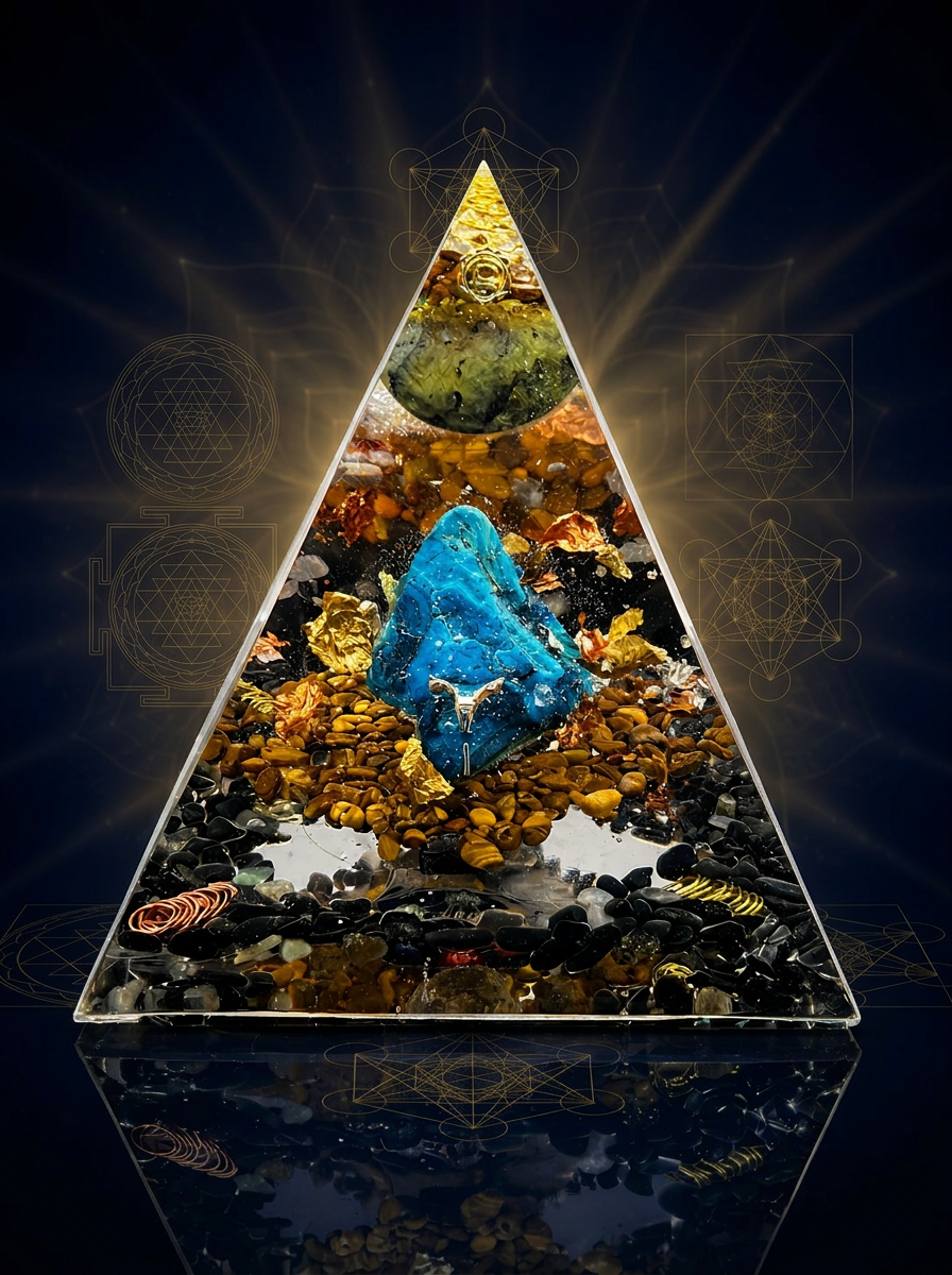 Pyramide orgonite sur fond noir profond