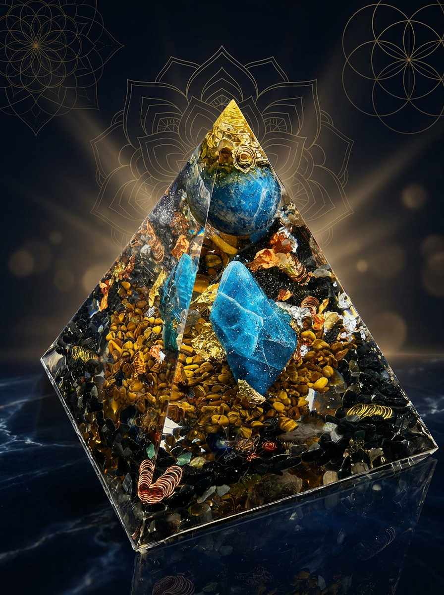 Pyramide orgonite cristalline sur fond noir profond avec lumière dorée