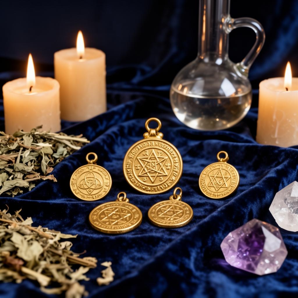 Talismans de protection en or sur velours bleu, bougies et cristaux